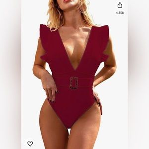 Women's red One Piece Swimsuit Ruffle Deep V Neck Strappy Swimwear Bathing Suits
